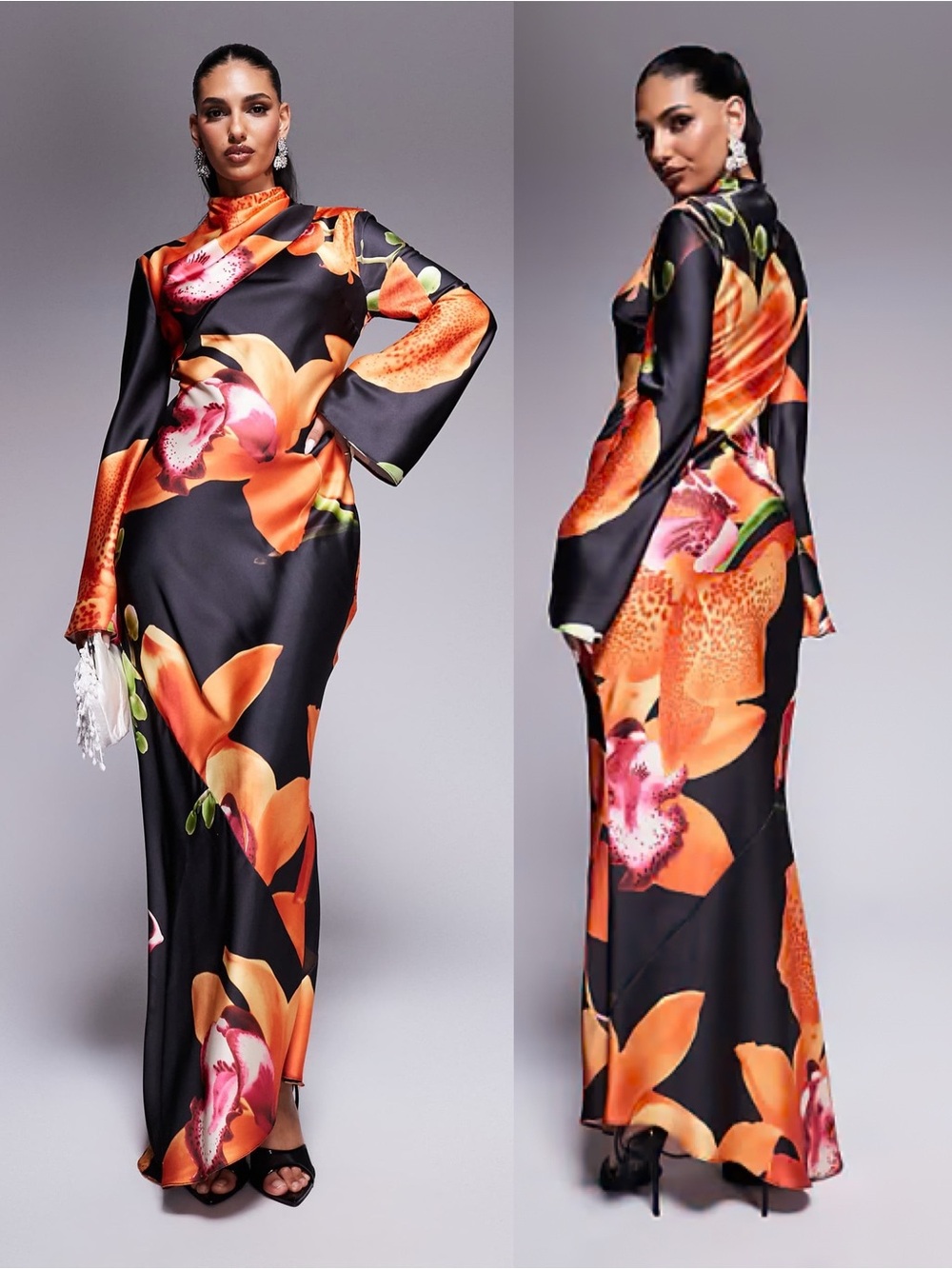 Daska Womens Black Satin Tropical Floral Print Long Sleeve Maxi Dress Size UK L